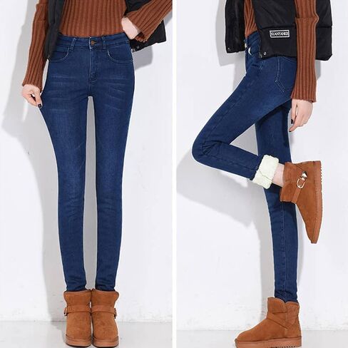 جينز نسائي شتوي مبطن بصوف الشيربا، سروال دينم حراري من الكشمير القابل للتمدد in Kuwait