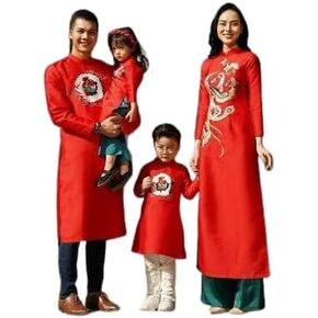 مجموعة CuteSass Family التطريز الأحمر Ao Dai | فستان طويل فيتنامي حديث وتقليدي مصنوع مسبقًا | السنة القمرية الجديدة in Kuwait