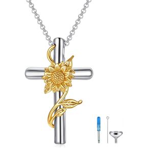 Sunflower Rose Flower Cross Cremation Jewelry 925 Sterling Silver Urn Necklace Keepsake Ashes Hair Memorial Pendant Always in My Heart Locket for Women
