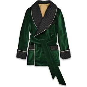 Dark Green Velvet Smoking Jacket with Quilted Silk Shawl Collar English Vintage Gentleman Belted Robes in Kuwait