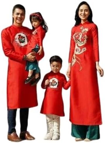 مجموعة CuteSass Family التطريز الأحمر Ao Dai | فستان طويل فيتنامي حديث وتقليدي مصنوع مسبقًا | السنة القمرية الجديدة in Kuwait