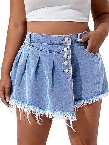 WDIRARA Women's Plus Size Button Fly Raw Hem Denim Skort High Waist Skirt Short with Pocket in Saudi Arabia