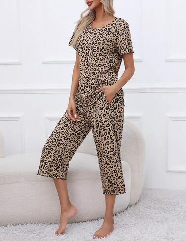 Ekouaer Women's Pajamas Set Short Sleeve Sleepwear Top Capri Pants Pjs Sets Soft Loungewear S-XXL in Saudi Arabia