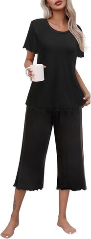 Ekouaer Women's Pajamas Set Short Sleeve Sleepwear Top Capri Pants Pjs Sets Soft Loungewear S-XXL in Saudi Arabia