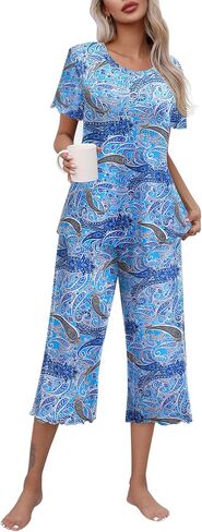 Ekouaer Women's Pajamas Set Short Sleeve Sleepwear Top Capri Pants Pjs Sets Soft Loungewear S-XXL in Saudi Arabia