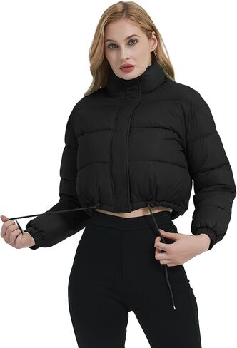 Kissonic Women's Cropped Puffer Jacket Full Zip Stand Collar Quilted Jacket Winter Coats with Pockets in Saudi Arabia