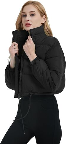 Kissonic Women's Cropped Puffer Jacket Full Zip Stand Collar Quilted Jacket Winter Coats with Pockets in Saudi Arabia