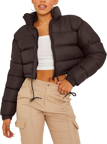 Kissonic Women's Cropped Puffer Jacket Full Zip Stand Collar Quilted Jacket Winter Coats with Pockets in Saudi Arabia