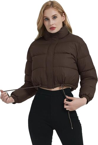 Kissonic Women's Cropped Puffer Jacket Full Zip Stand Collar Quilted Jacket Winter Coats with Pockets in Saudi Arabia