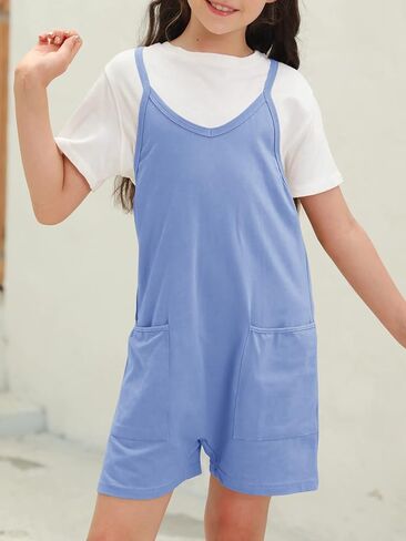 Tongmingyun Girls Summer Sleeveless Casual Romper Spaghetti Strap Shorts Jumpsuit with Pockets in Saudi Arabia
