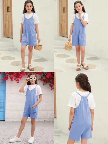Tongmingyun Girls Summer Sleeveless Casual Romper Spaghetti Strap Shorts Jumpsuit with Pockets in Saudi Arabia