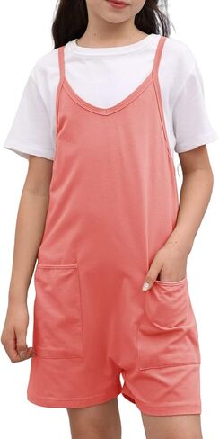 Tongmingyun Girls Summer Sleeveless Casual Romper Spaghetti Strap Shorts Jumpsuit with Pockets in Saudi Arabia