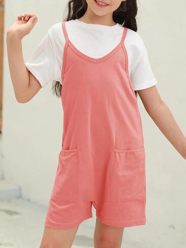 Tongmingyun Girls Summer Sleeveless Casual Romper Spaghetti Strap Shorts Jumpsuit with Pockets in Saudi Arabia