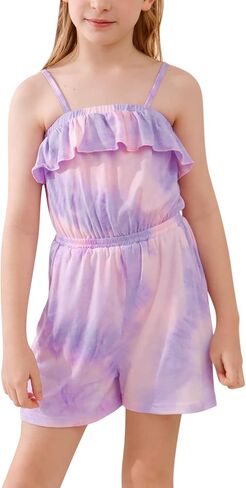 GORLYA Girls Elegant Straped Jumpsuit Rompers Casual Ruffle Trim Overlay Jumpers Short Outfits 4-14T in Saudi Arabia