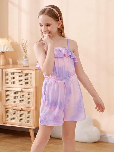 GORLYA Girls Elegant Straped Jumpsuit Rompers Casual Ruffle Trim Overlay Jumpers Short Outfits 4-14T in Saudi Arabia