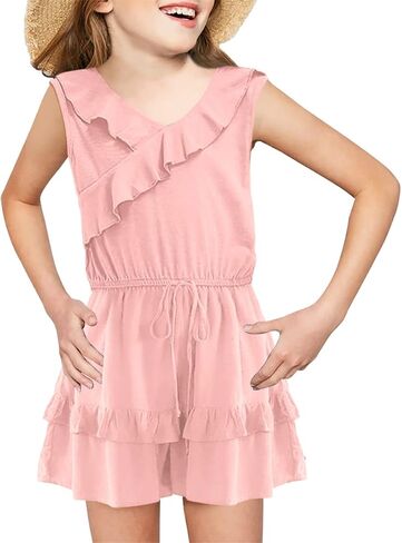 Flowyair Girls' Summer Sleeveless Rompers Casual Ruffle Ttrim Elastic Waisted Layered Shorts Jumpsuits in Saudi Arabia