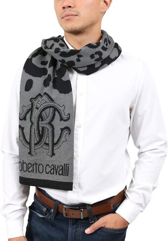 روبيرتو كافالي سكارف رجالي من مزيج الصوف الرمادي بطبعة جلد الفهد ESZ030 05001، رمادي، 30-180, رمادي, 30-180 in Kuwait