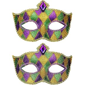Skylety 2 Pieces Mardi Gras Masquerade Mask Glitter Venetian Party Ball Prom Masks Women Men Party Costumes Accessory
