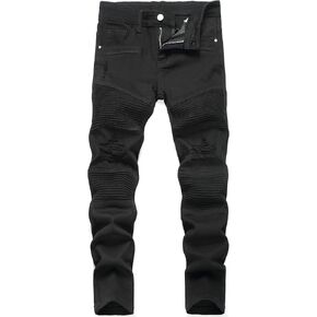 بنطال جينز Anbreuinron للأولاد بتصميم نحيف لراكبي الدراجات النارية وممزق وممزق ومطاط من قماش الدنيم، أسود، 10 in Kuwait