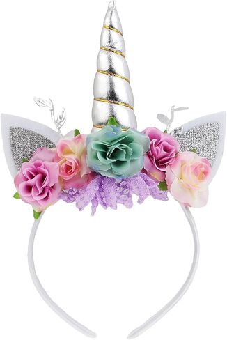 Nishine Unicorn Horn Floral Headband Glitter Ears Pony Head Bands Tiara for Girls Party Birthday Cosplay in Kuwait