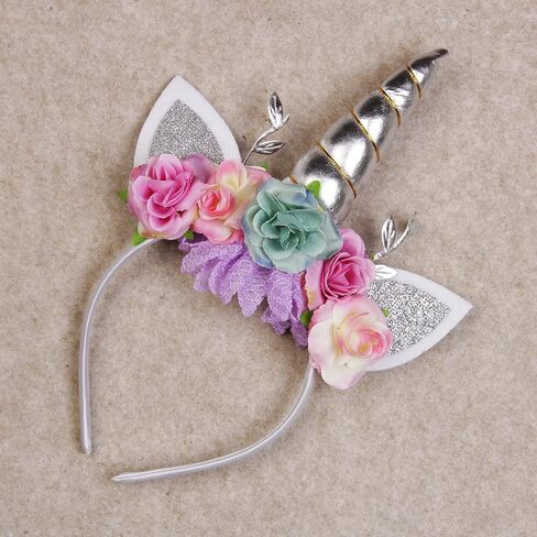Nishine Unicorn Horn Floral Headband Glitter Ears Pony Head Bands Tiara for Girls Party Birthday Cosplay in Kuwait