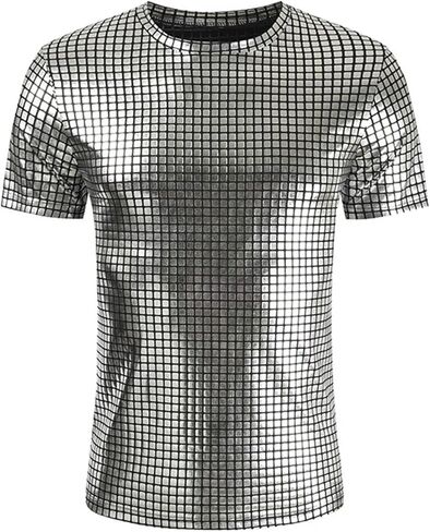 قميص ديسكو للرجال في السبعينيات بأكمام قصيرة مزين بالترتر، ملابس محببة للنوادي الليلية وحفلات الكريسماس in Kuwait