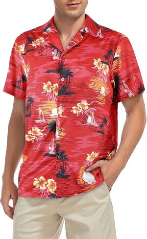 Hawaiian Shirt for Men Short Sleeve Beach Tropical Summer Vacation Shirt Casual Button Down Aloha Shirt Palm Trees Red M in Saudi Arabia