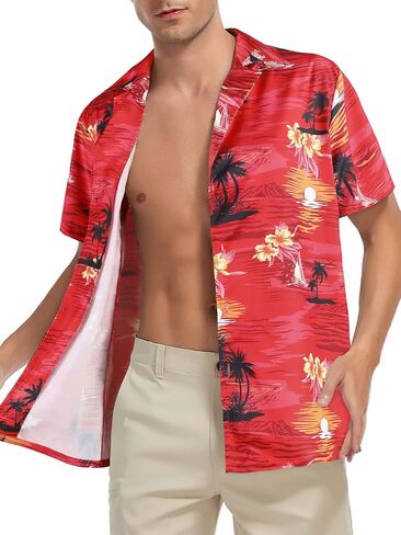 Hawaiian Shirt for Men Short Sleeve Beach Tropical Summer Vacation Shirt Casual Button Down Aloha Shirt Palm Trees Red M in Saudi Arabia