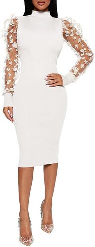 Annystore المرأة أنيقة وهمية الرقبة شير كم طويل شبكة Bodycon فستان مضلع نادي قلم رصاص فساتين متوسطة الطول كلوبوير in Kuwait