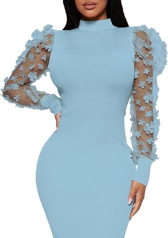 Annystore المرأة أنيقة وهمية الرقبة شير كم طويل شبكة Bodycon فستان مضلع نادي قلم رصاص فساتين متوسطة الطول كلوبوير in Kuwait
