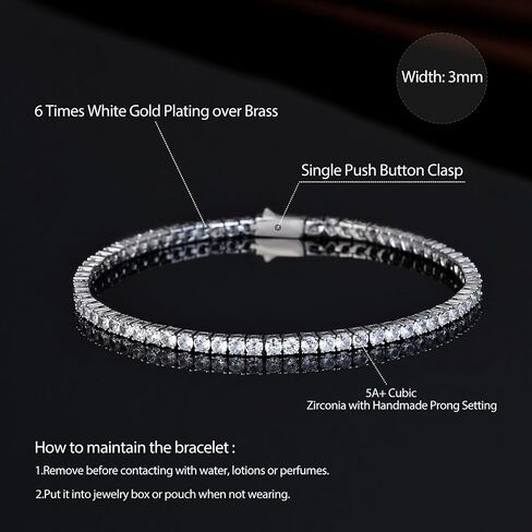 Luxfine 3mm Tennis Bracelet for Women & Men, 14K White Gold Plated Cuban Link, 5A+ Cubic Zirconia Prong-setting Iced Out Hip Hop Jewelry Hypoallergenic, Birthday Christmas Couple Gift (With Box & Pouch) in Saudi Arabia