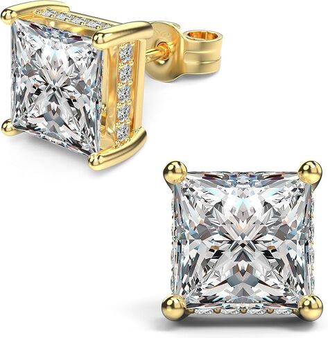 18K White Gold Plated Sterling Silver Princess Cut Cubic Zirconia Stud Earrings Square CZ Diamond Stud Earrings for Women Men Hypoallergenic (Gold 8MM) in Saudi Arabia