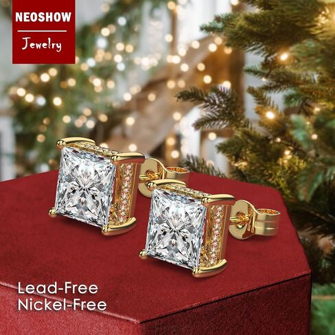 18K White Gold Plated Sterling Silver Princess Cut Cubic Zirconia Stud Earrings Square CZ Diamond Stud Earrings for Women Men Hypoallergenic (Gold 8MM) in Saudi Arabia