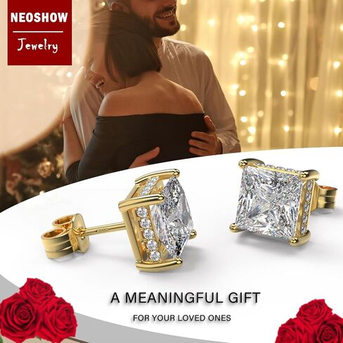 18K White Gold Plated Sterling Silver Princess Cut Cubic Zirconia Stud Earrings Square CZ Diamond Stud Earrings for Women Men Hypoallergenic (Gold 8MM) in Saudi Arabia