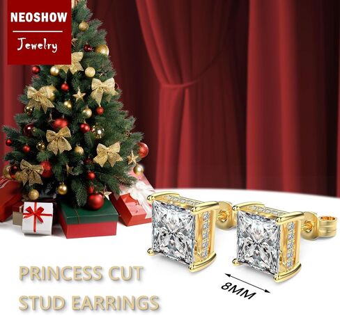 18K White Gold Plated Sterling Silver Princess Cut Cubic Zirconia Stud Earrings Square CZ Diamond Stud Earrings for Women Men Hypoallergenic (Gold 8MM) in Saudi Arabia