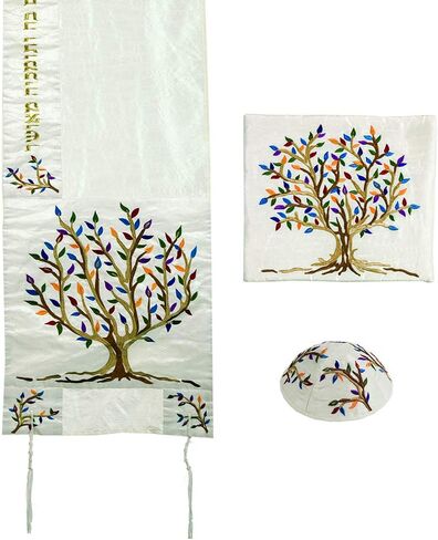 Yair Emanuel Multicolor Tree of Life Design Embroidered Raw Silk White Tallit Set in Saudi Arabia