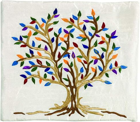 Yair Emanuel Multicolor Tree of Life Design Embroidered Raw Silk White Tallit Set in Saudi Arabia