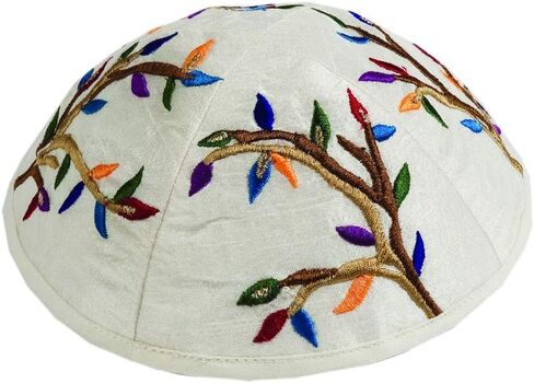 Yair Emanuel Multicolor Tree of Life Design Embroidered Raw Silk White Tallit Set in Saudi Arabia