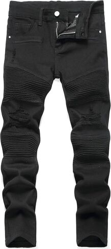 بنطال جينز Anbreuinron للأولاد بتصميم نحيف لراكبي الدراجات النارية وممزق وممزق ومطاط من قماش الدنيم، أسود، 10 in Kuwait