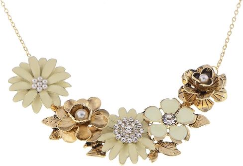 Alilang Womens Flower Rhinestones Pearl Statement Bib Golden Tone Necklace with Gray Yellow Enamel in Saudi Arabia