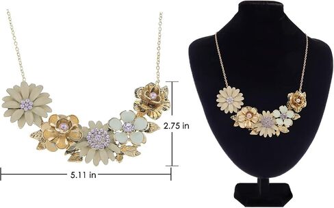Alilang Womens Flower Rhinestones Pearl Statement Bib Golden Tone Necklace with Gray Yellow Enamel in Saudi Arabia