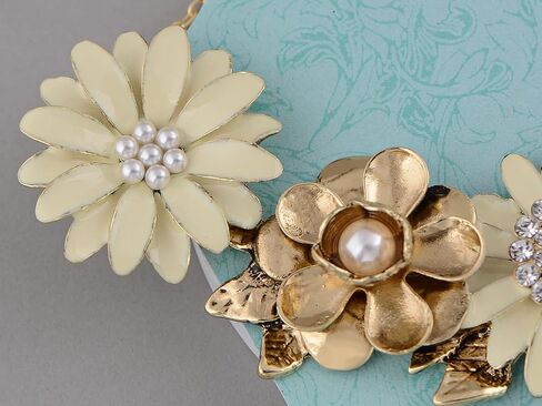 Alilang Womens Flower Rhinestones Pearl Statement Bib Golden Tone Necklace with Gray Yellow Enamel in Saudi Arabia