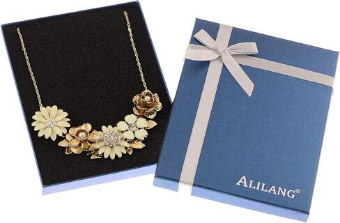 Alilang Womens Flower Rhinestones Pearl Statement Bib Golden Tone Necklace with Gray Yellow Enamel in Saudi Arabia