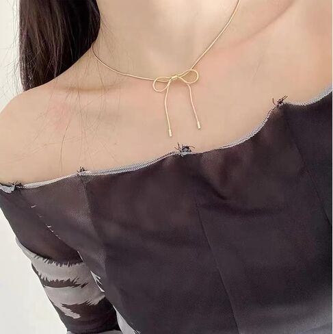 KOFISNI Gold Bow Necklace for Women Silver Tie Knot Butterfly Necklace Simple Plain Party Collar Necklace Christmas Gift in Saudi Arabia