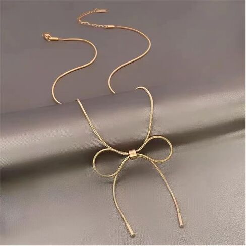 KOFISNI Gold Bow Necklace for Women Silver Tie Knot Butterfly Necklace Simple Plain Party Collar Necklace Christmas Gift in Saudi Arabia