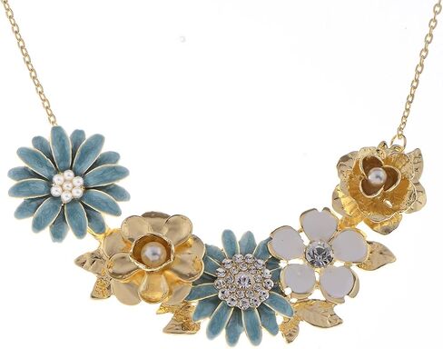 Alilang Womens Flower Rhinestones Pearl Statement Bib Golden Tone Necklace with Gray Yellow Enamel in Saudi Arabia