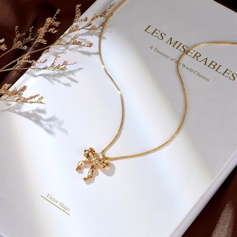 KOFISNI Gold Bow Necklace for Women Silver Tie Knot Butterfly Necklace Simple Plain Party Collar Necklace Christmas Gift in Saudi Arabia