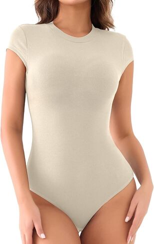 MISSJOY Women Crew Neck Short Sleeve Ribbed Stretchy Casual Slim Fit Bodysuit T Shirts Tops in Saudi Arabia