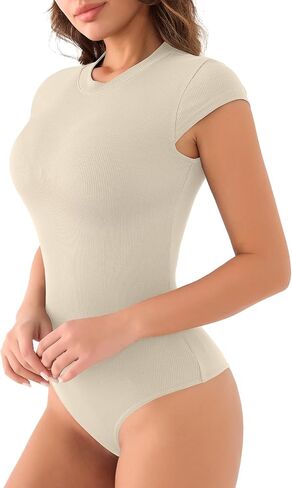 MISSJOY Women Crew Neck Short Sleeve Ribbed Stretchy Casual Slim Fit Bodysuit T Shirts Tops in Saudi Arabia