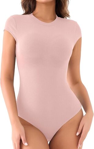 MISSJOY Women Crew Neck Short Sleeve Ribbed Stretchy Casual Slim Fit Bodysuit T Shirts Tops in Saudi Arabia